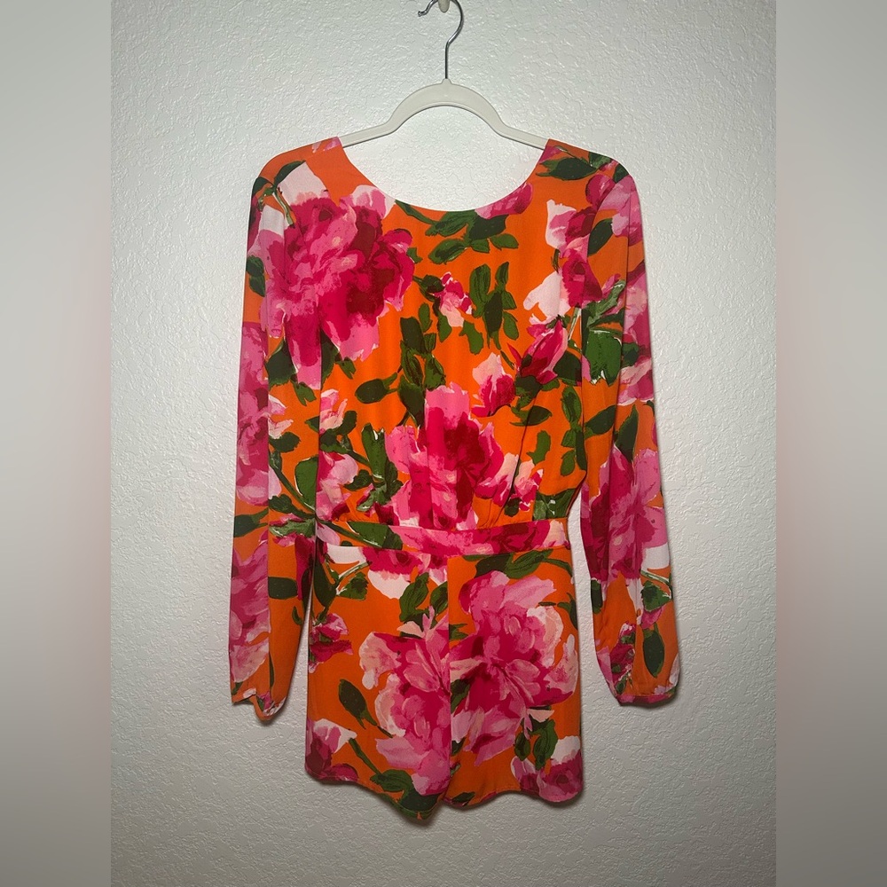Lulu's Sweetest Song Orange Floral Romper Low V Back Long Sleeve Size S - Picture 7 of 15
